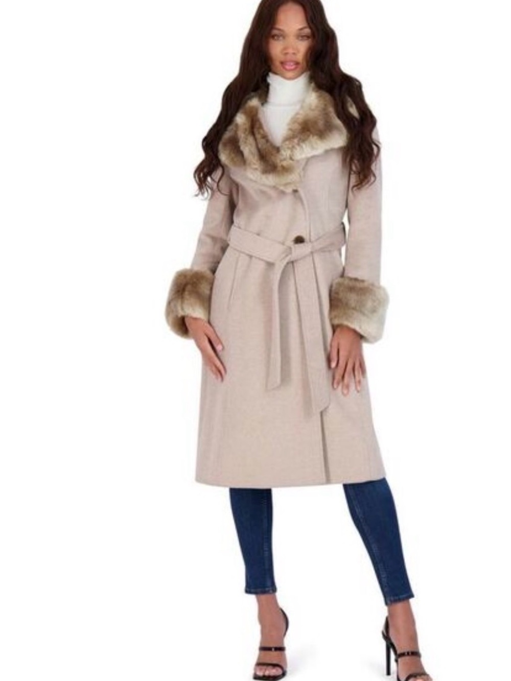Via Spiga Cream Faux-Fur Trim Belted Wool-Blend Luxury Coat